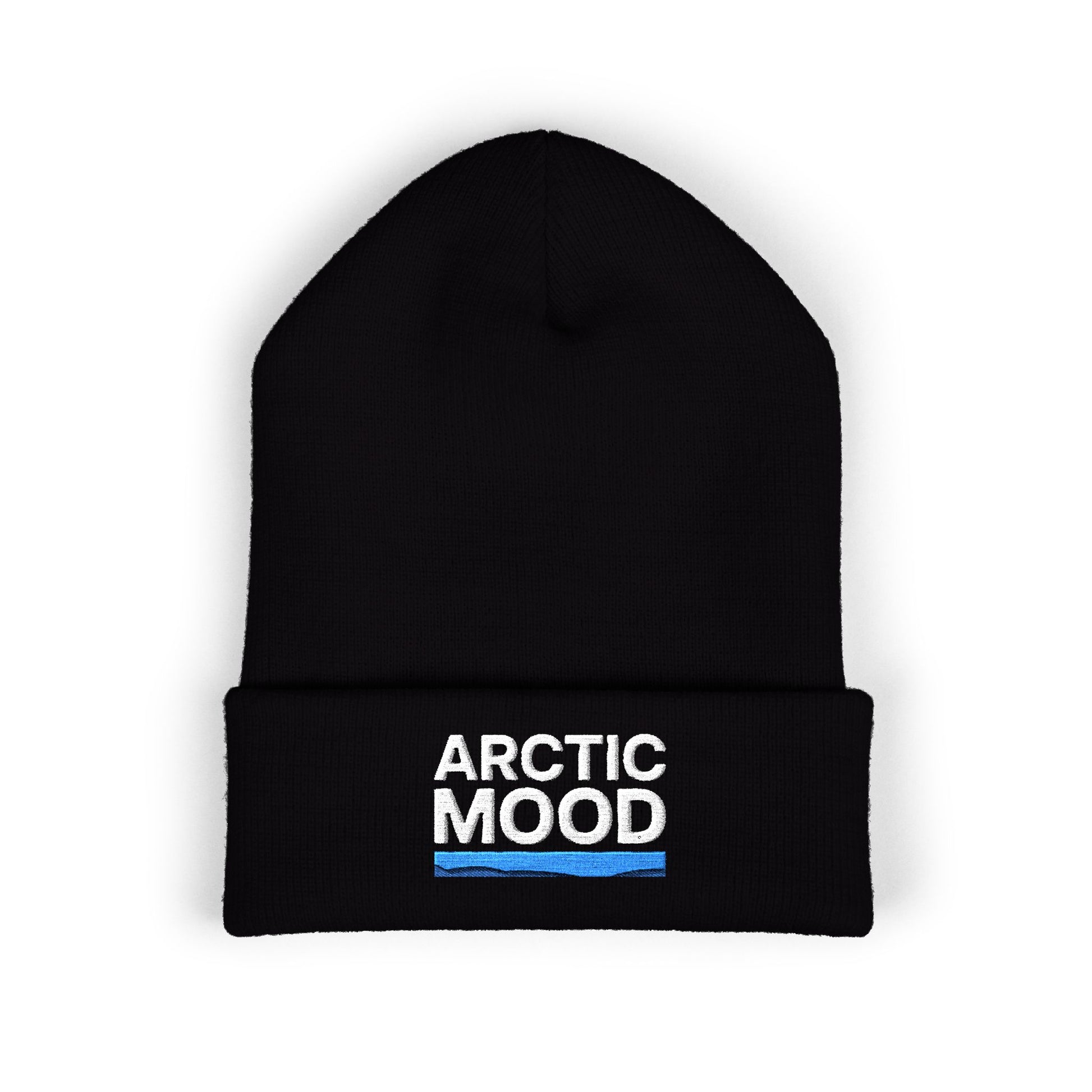 Black beanie with 'Arctic Mood' text on a white background