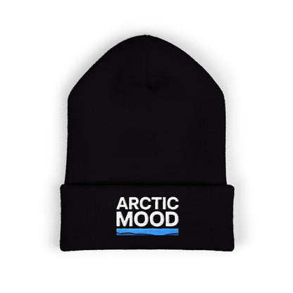 Black beanie with 'Arctic Mood' text on a white background