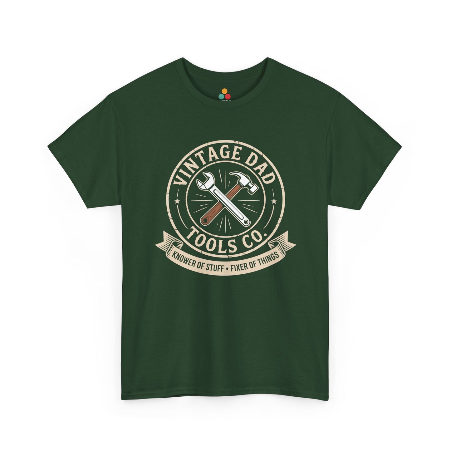 TEEZOCA dark green “Vintage Dad Tools Co. Knower Of Stuff Fixer Of Things” tools graphic T‑shirt displayed flat.