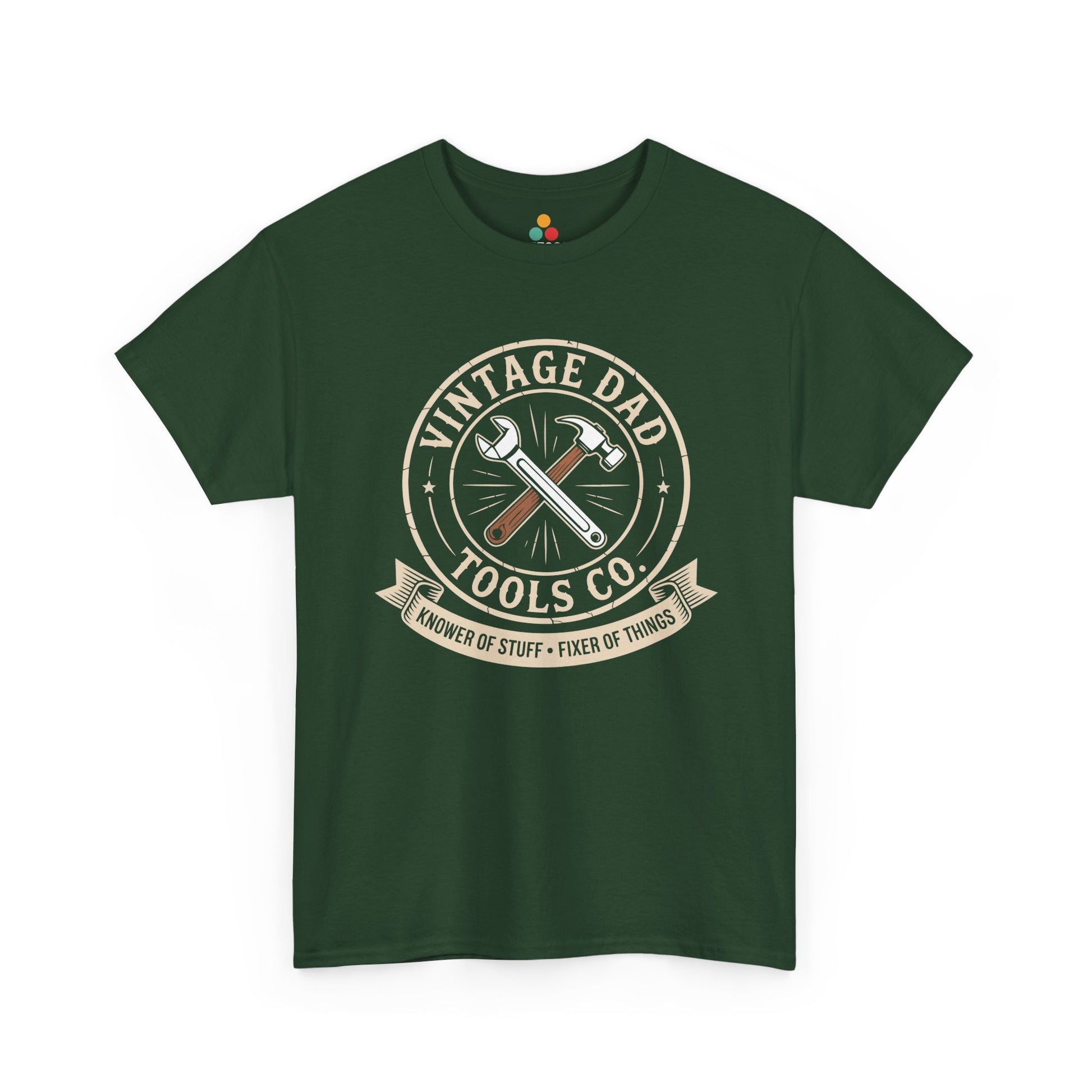 TEEZOCA dark green “Vintage Dad Tools Co. Knower Of Stuff Fixer Of Things” tools graphic T‑shirt displayed flat.