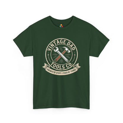 TEEZOCA dark green “Vintage Dad Tools Co. Knower Of Stuff Fixer Of Things” tools graphic T‑shirt displayed flat.