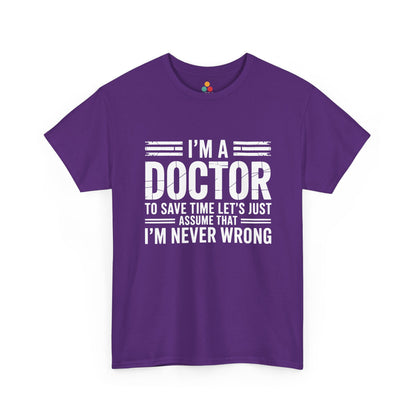 “Teezoca funny doctor quote shirt, white stacked lettering, purple tee, flat front display.”

