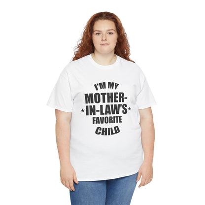 White Girl Model unisex t‑shirt with large black “I’m My Mother‑In‑Law’s Favorite Child” text and stars, flat front view.