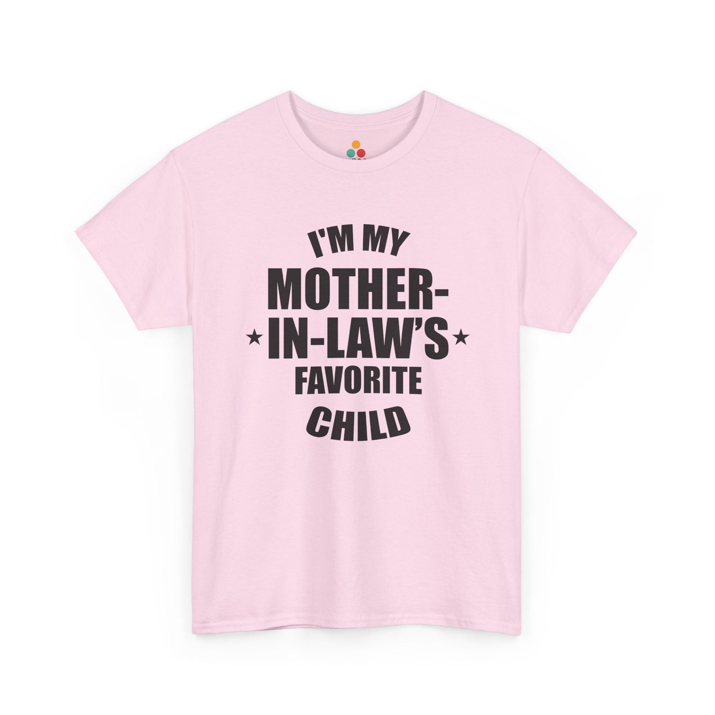 Light pink unisex t‑shirt with large black “I’m My Mother‑In‑Law’s Favorite Child” text and stars, flat front view.