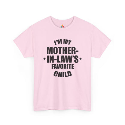 Light pink unisex t‑shirt with large black “I’m My Mother‑In‑Law’s Favorite Child” text and stars, flat front view.