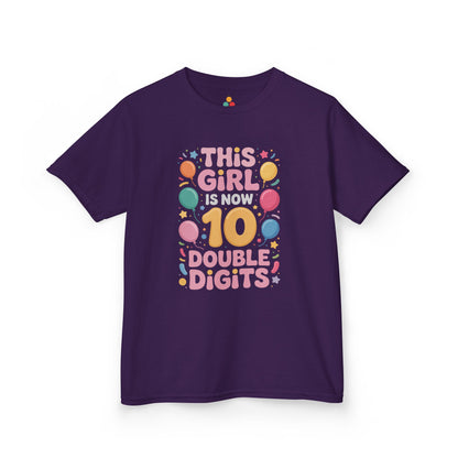 “Purple ‘This Girl Is Now 10 Double Digits’ birthday t‑shirt, bold yellow 10 surrounded by balloons and confetti, girls double digits top, front view.”

