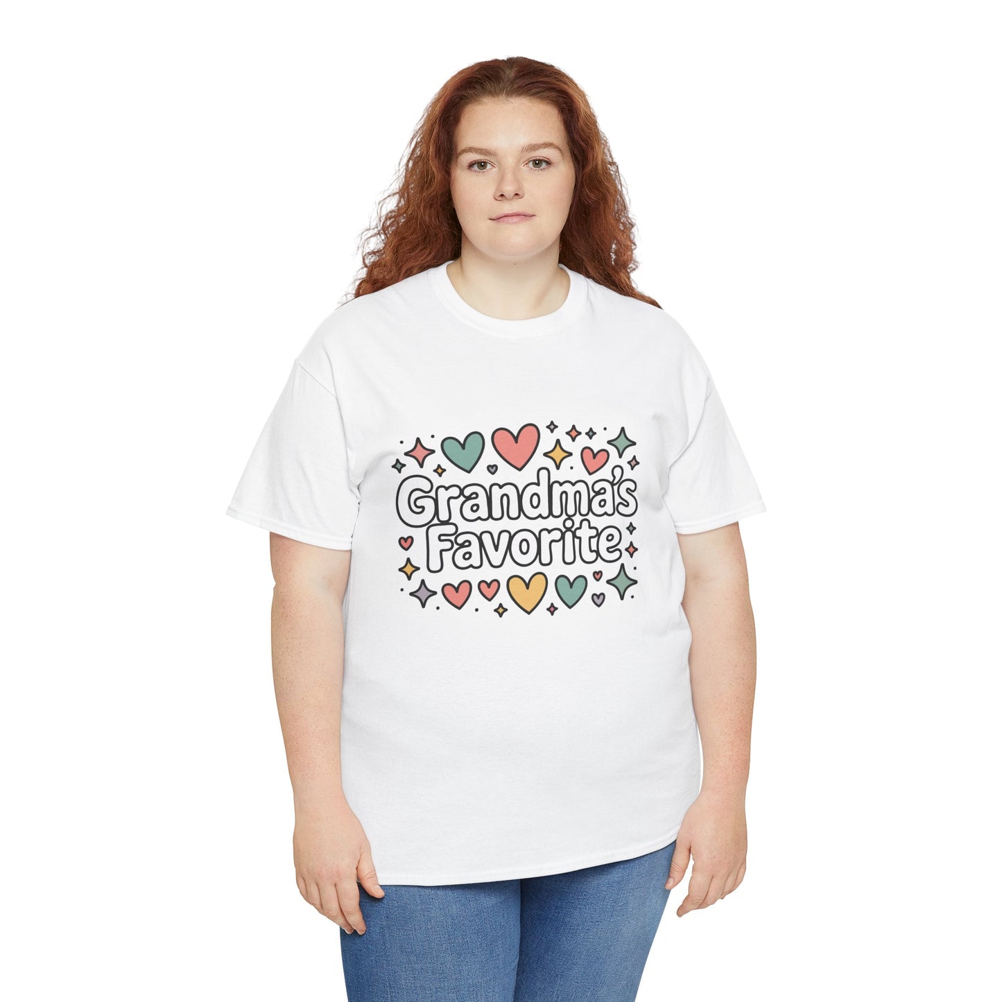 Woman wearing a TEEZOCA “Grandma’s Favorite” colorful hearts graphic tee.