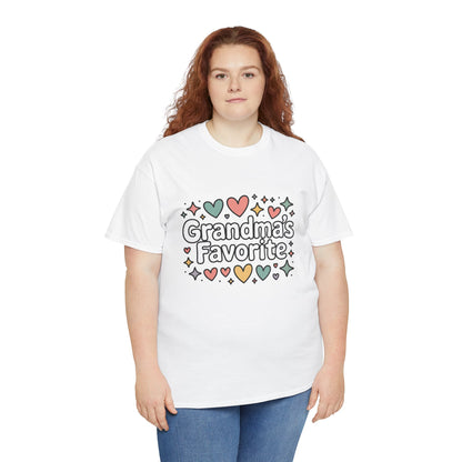 Woman wearing a TEEZOCA “Grandma’s Favorite” colorful hearts graphic tee.