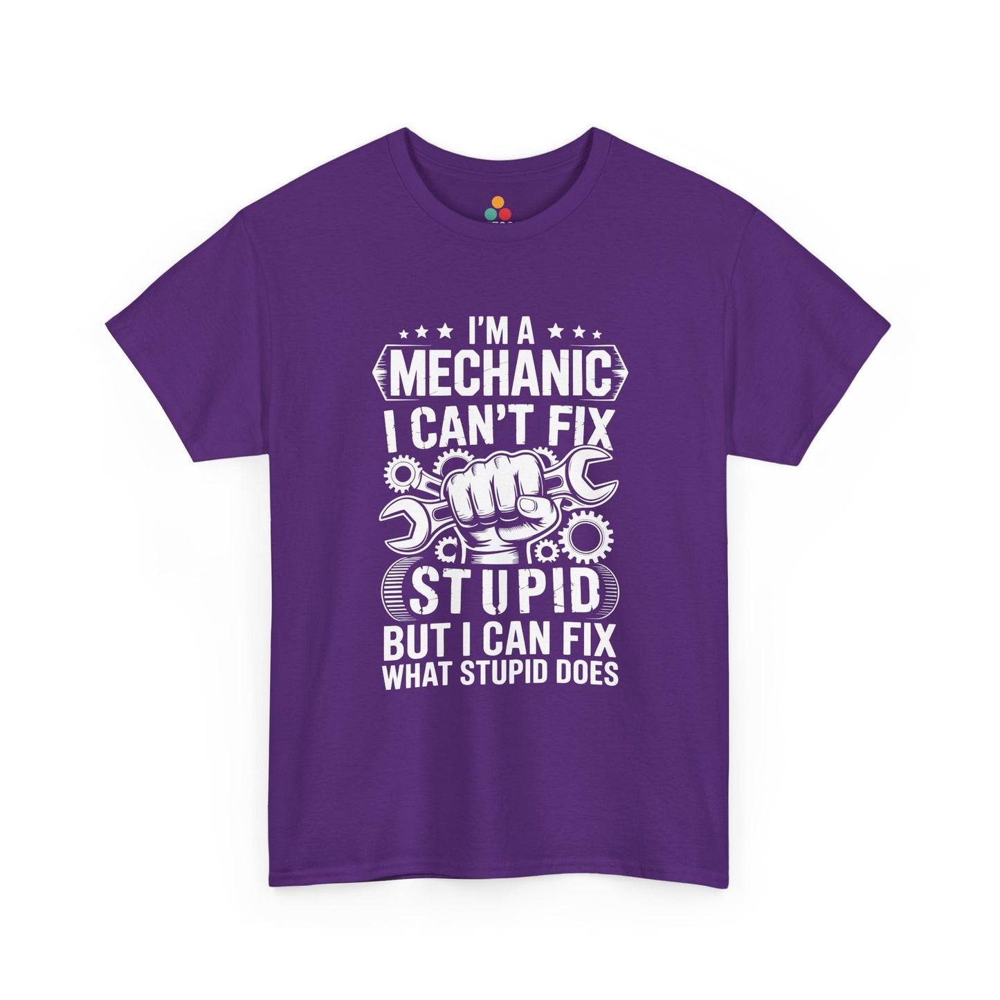 “Teezoca mechanic humor t-shirt, white distressed text and wrench fist graphic, purple tee, flat front display.”
