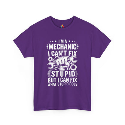 “Teezoca mechanic humor t-shirt, white distressed text and wrench fist graphic, purple tee, flat front display.”
