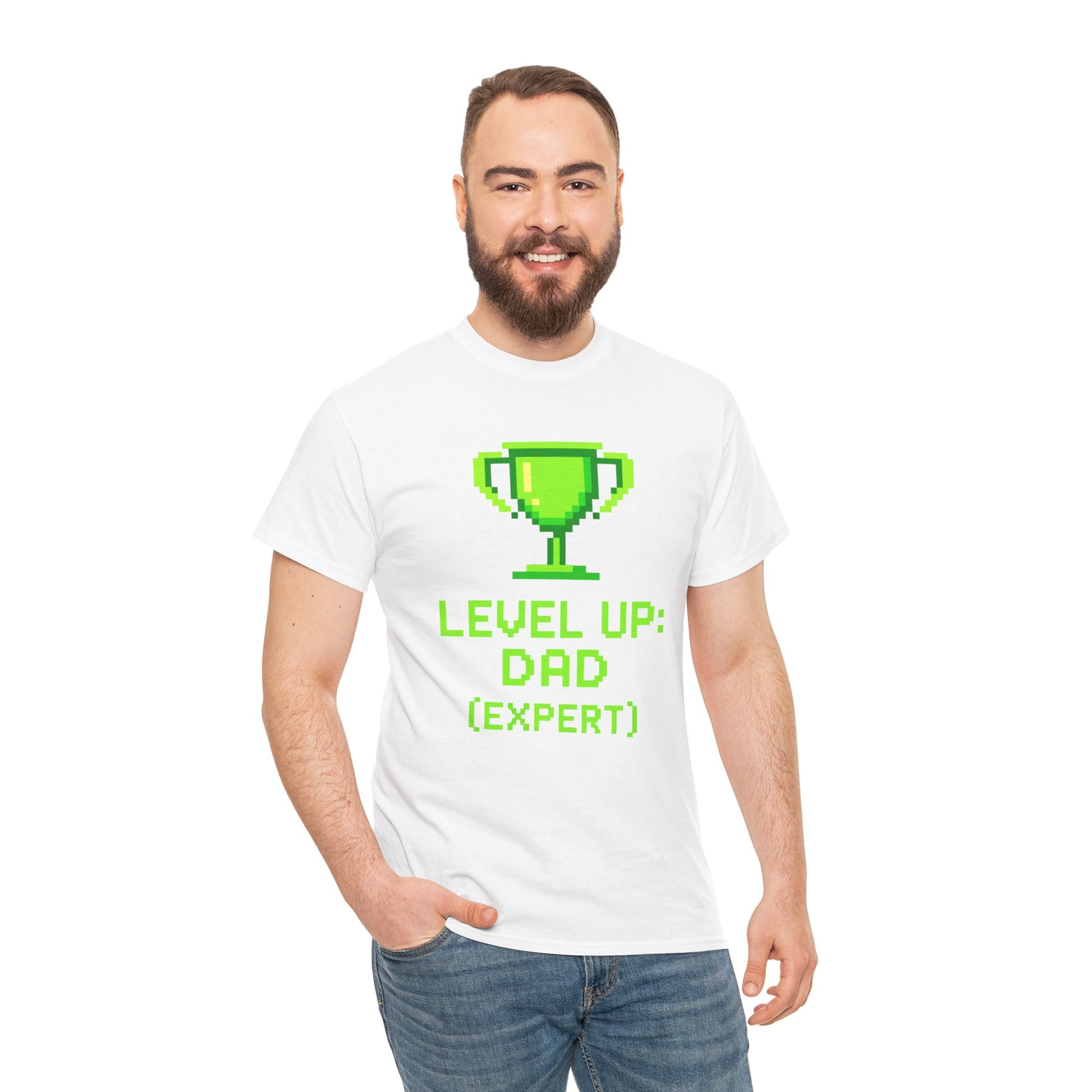 “Man wearing white ‘Level Up: Dad (Expert)’ gamer trophy t‑shirt, front view.”
