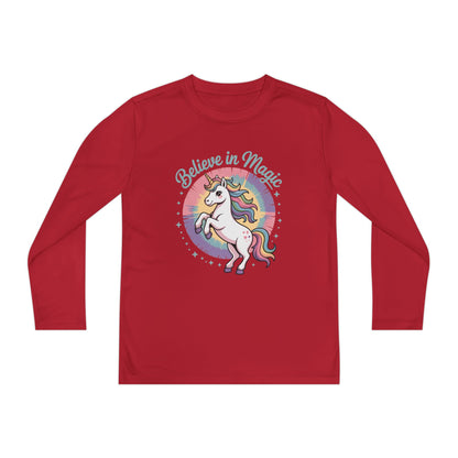 Youth Long Sleeve Tee – "Believe in Magic" Rainbow Unicorn Graphic TEEZOCA