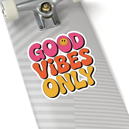 TEEZOCA good vibes only sticker with colorful retro letters and smiley face