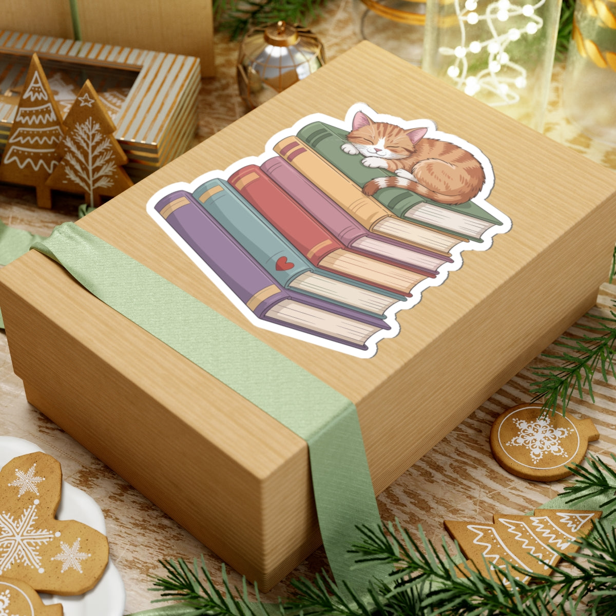 TEEZOCA kawaii cat sticker nap time on colorful book stack