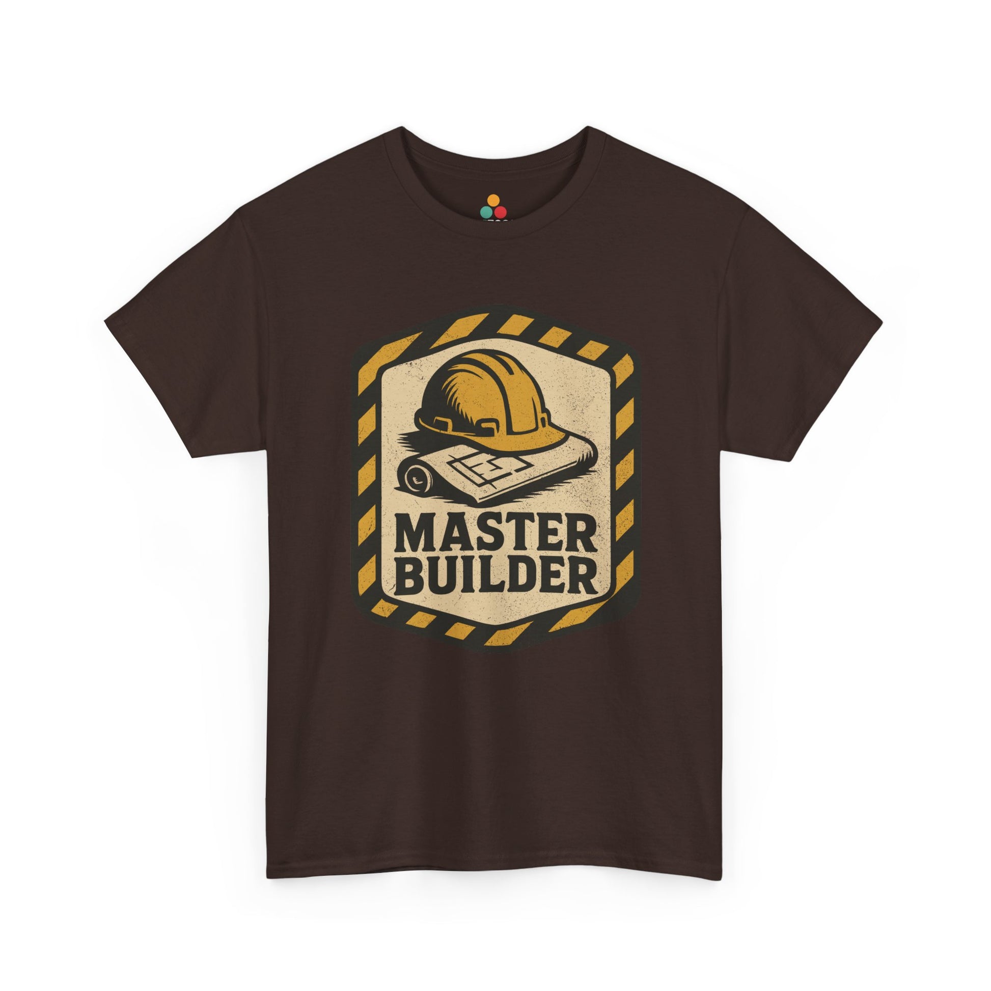 “ brown,‘Master Builder’ shirts with vintage construction badge graphic, flat front view.”

