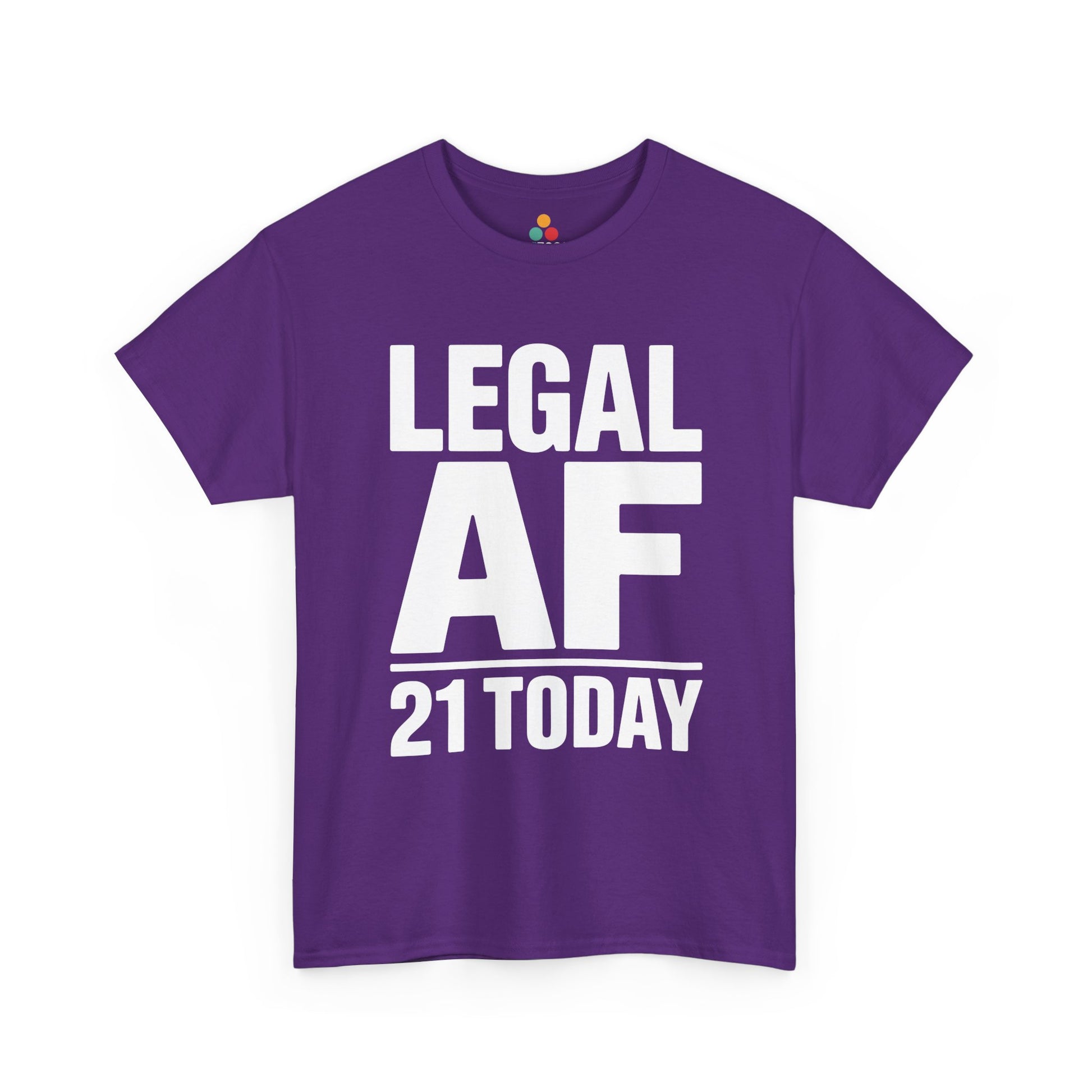 Purple t-shirt with 'LEGAL AF 21 TODAY' text on a white background