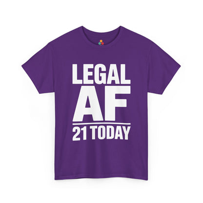 Purple t-shirt with 'LEGAL AF 21 TODAY' text on a white background