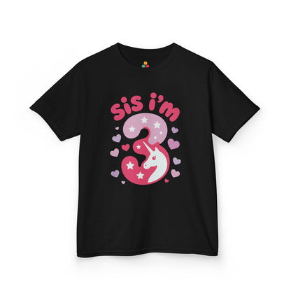 "Black 'Sis I'm 3' unicorn birthday shirts with pink number 3 and hearts, flat front view."

