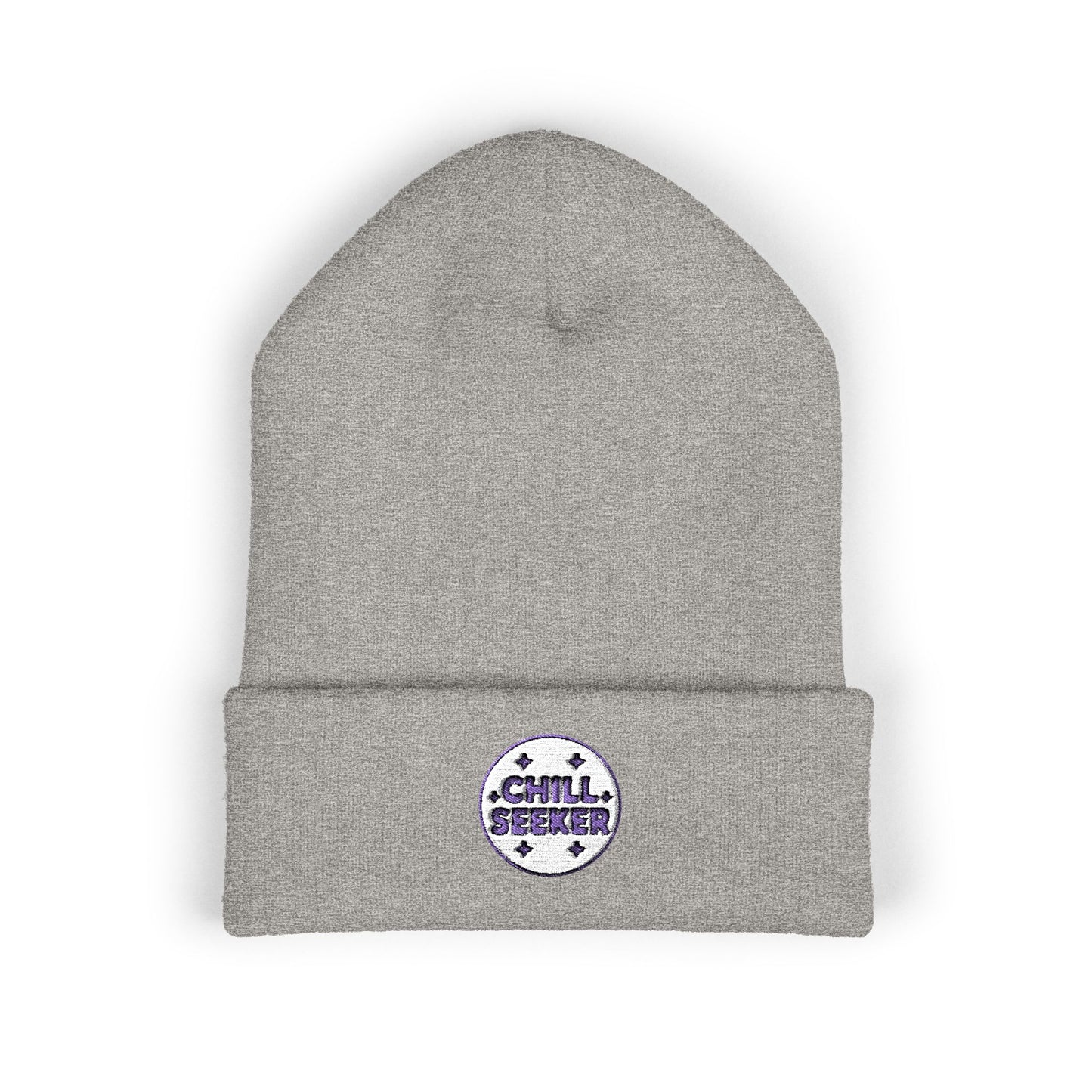 Gray beanie with 'Chill Seeker' logo on a white background