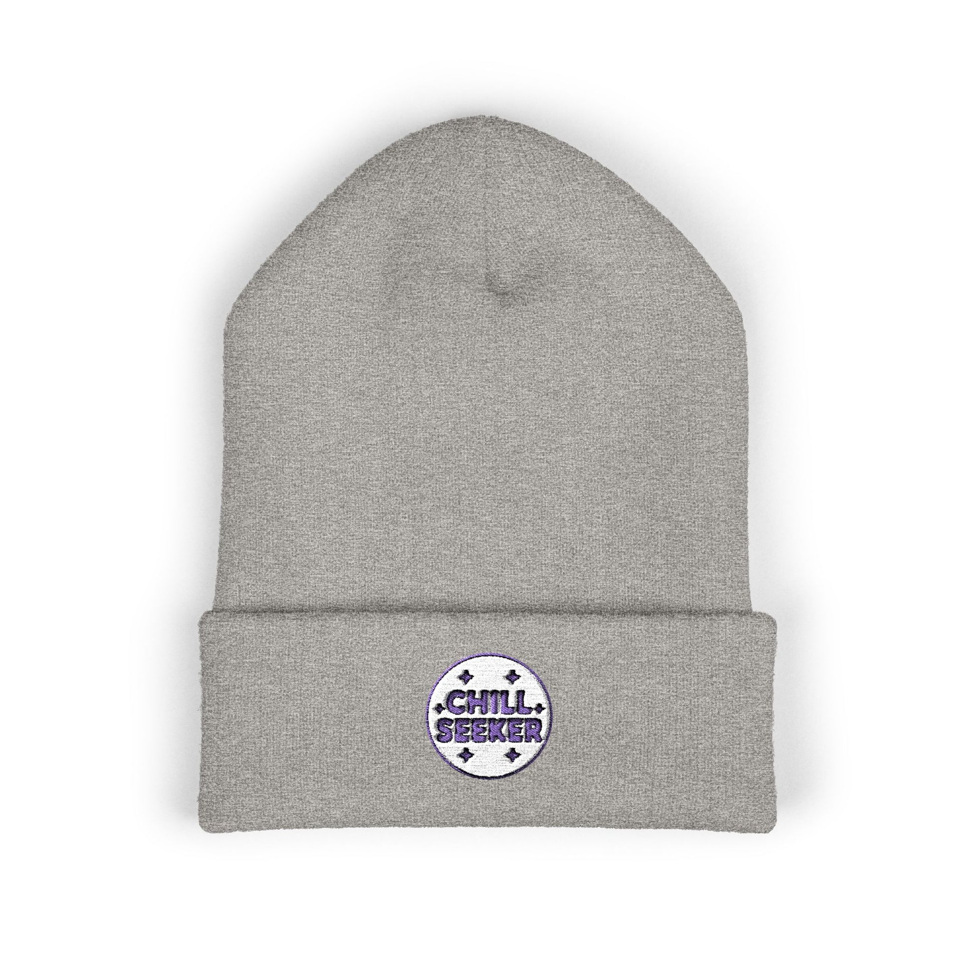 Gray beanie with 'Chill Seeker' logo on a white background