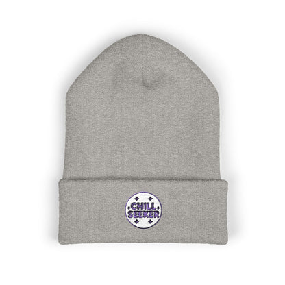 Gray beanie with 'Chill Seeker' logo on a white background