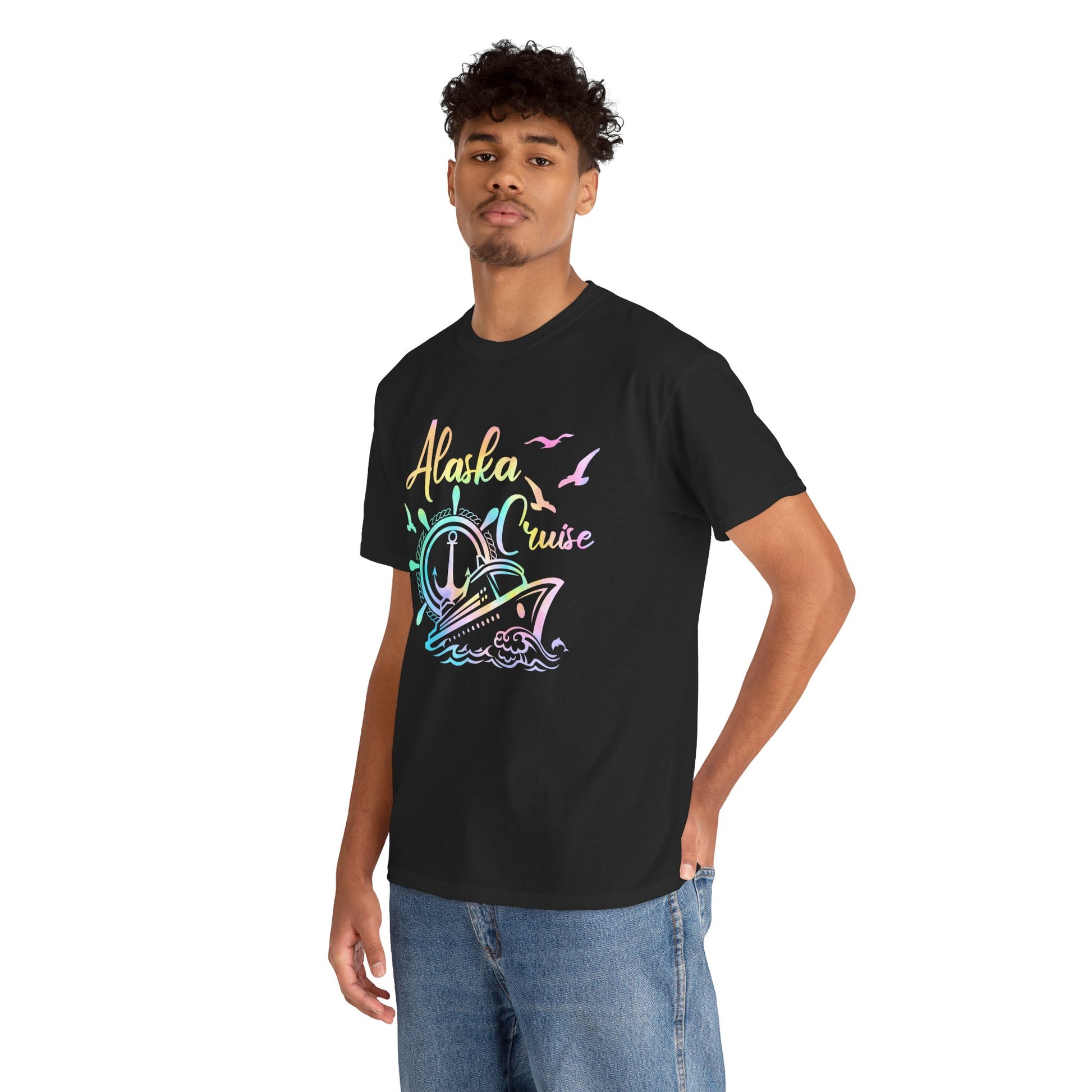 “Male model in Teezoca Alaska Cruise shirt, vibrant rainbow cruise ship and anchor wheel design, black tee, front.”

