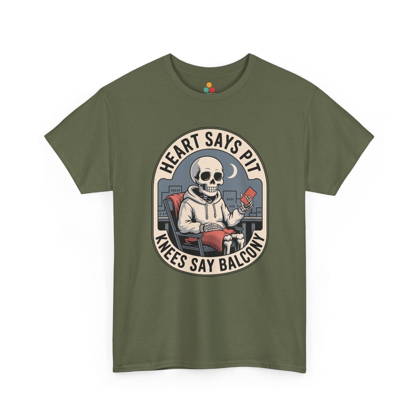 Olive green t-shirt mockup with skeleton boxing gloves heart says pit knees say balcony badge, front print.​

