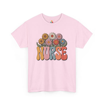“Teezoca groovy daisy Nurse shirt, cute flower nurse graphic, Pink tee, flat front display.”

