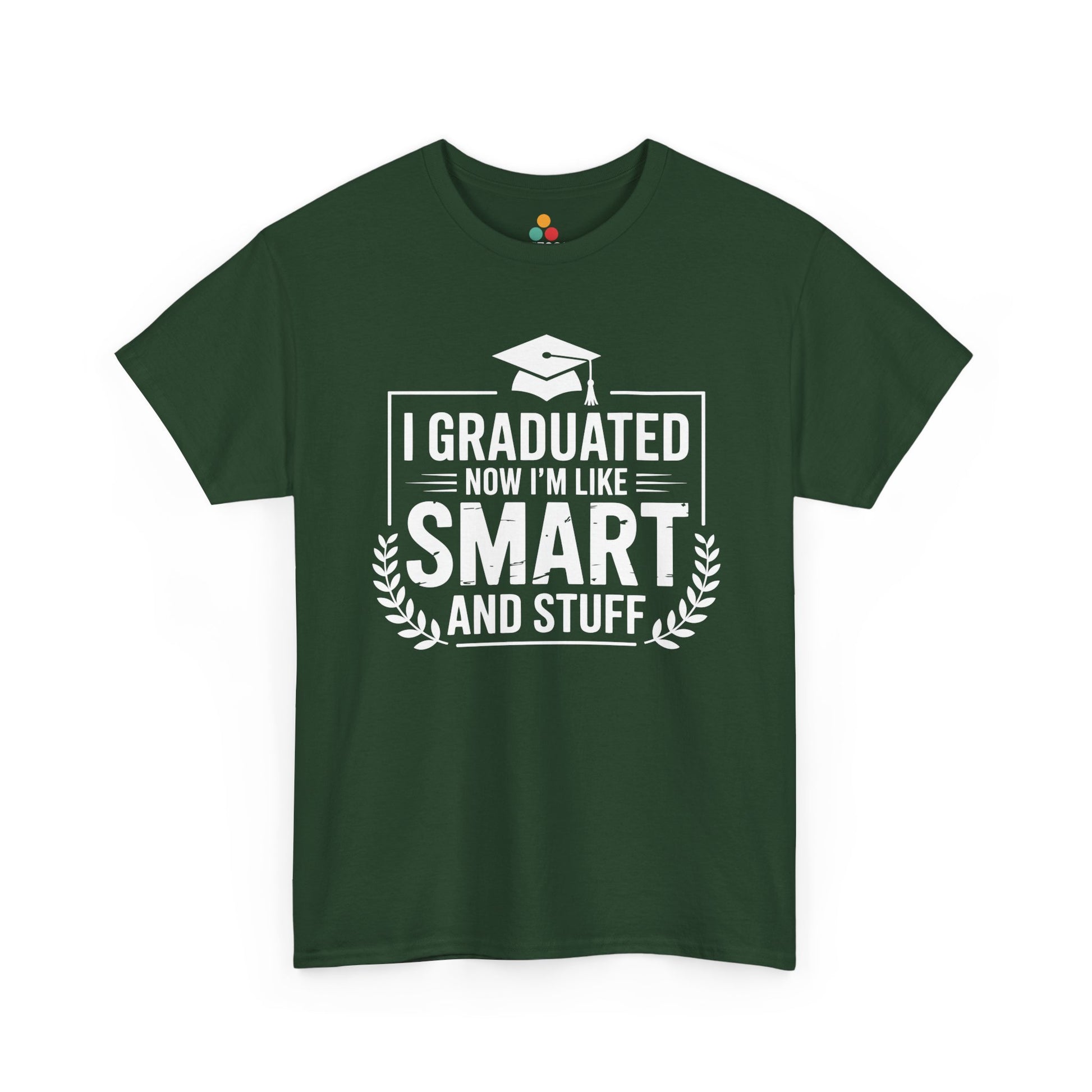 Green TEEZOCA smart and stuff graduation text t‑shirt shown flat.