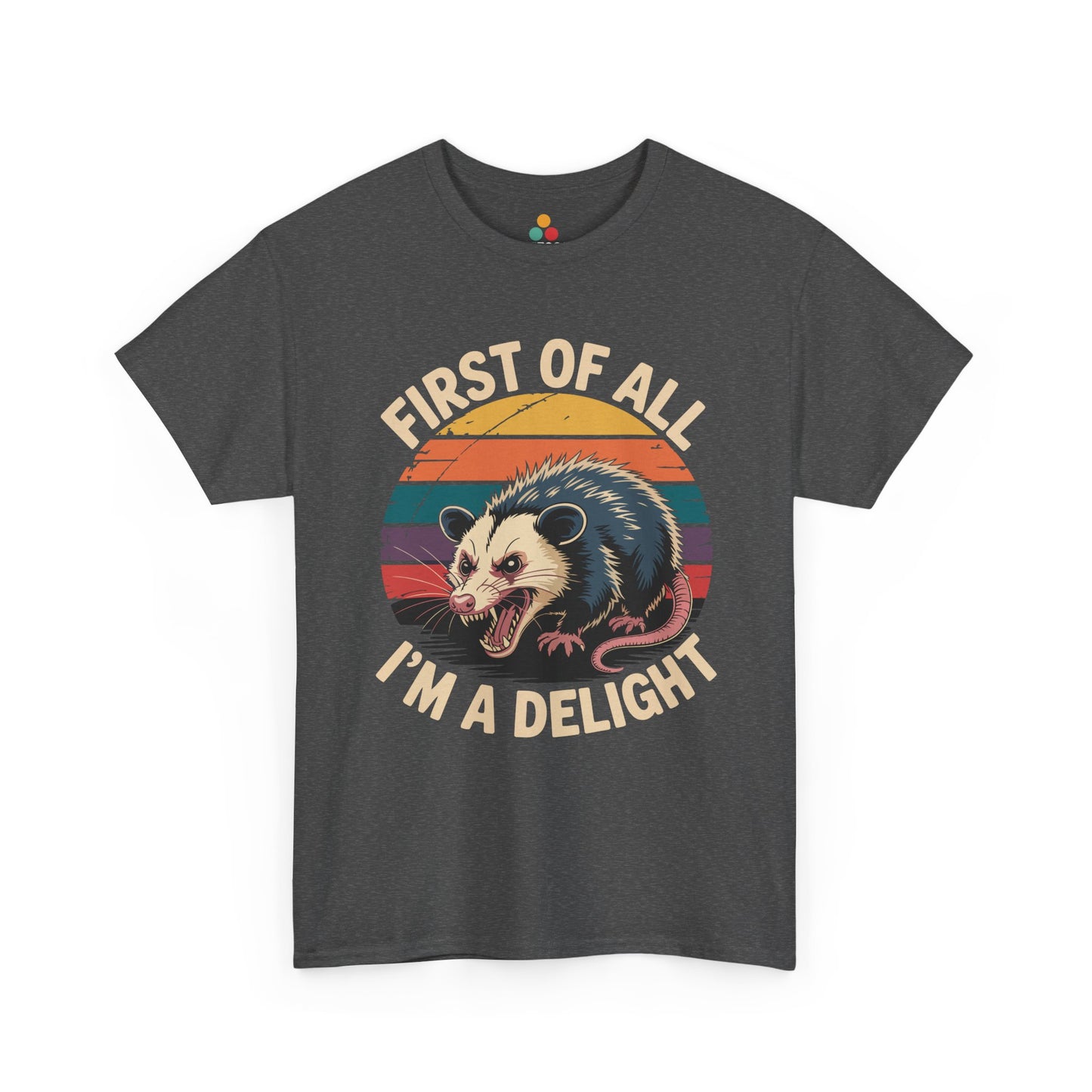 TEEZOCA dark gray “First Of All I’m A Delight” vintage critter tee shown flat.