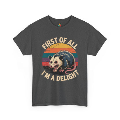 TEEZOCA dark gray “First Of All I’m A Delight” vintage critter tee shown flat.