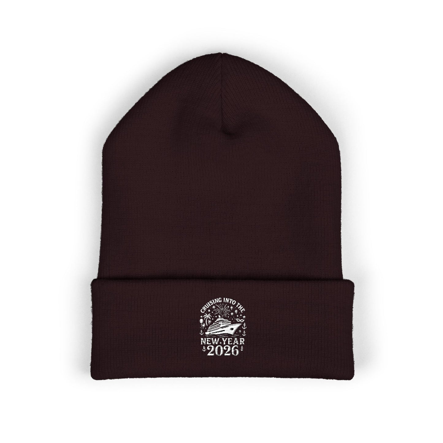Brown beanie with 'Coming into the New Year 2026' text and design on a white background