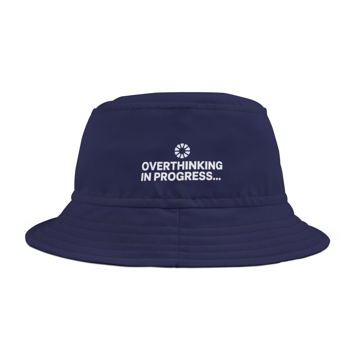 Funny navy bucket hat with 'Overthinking in Progress...' text on a white background. TEEZOCA