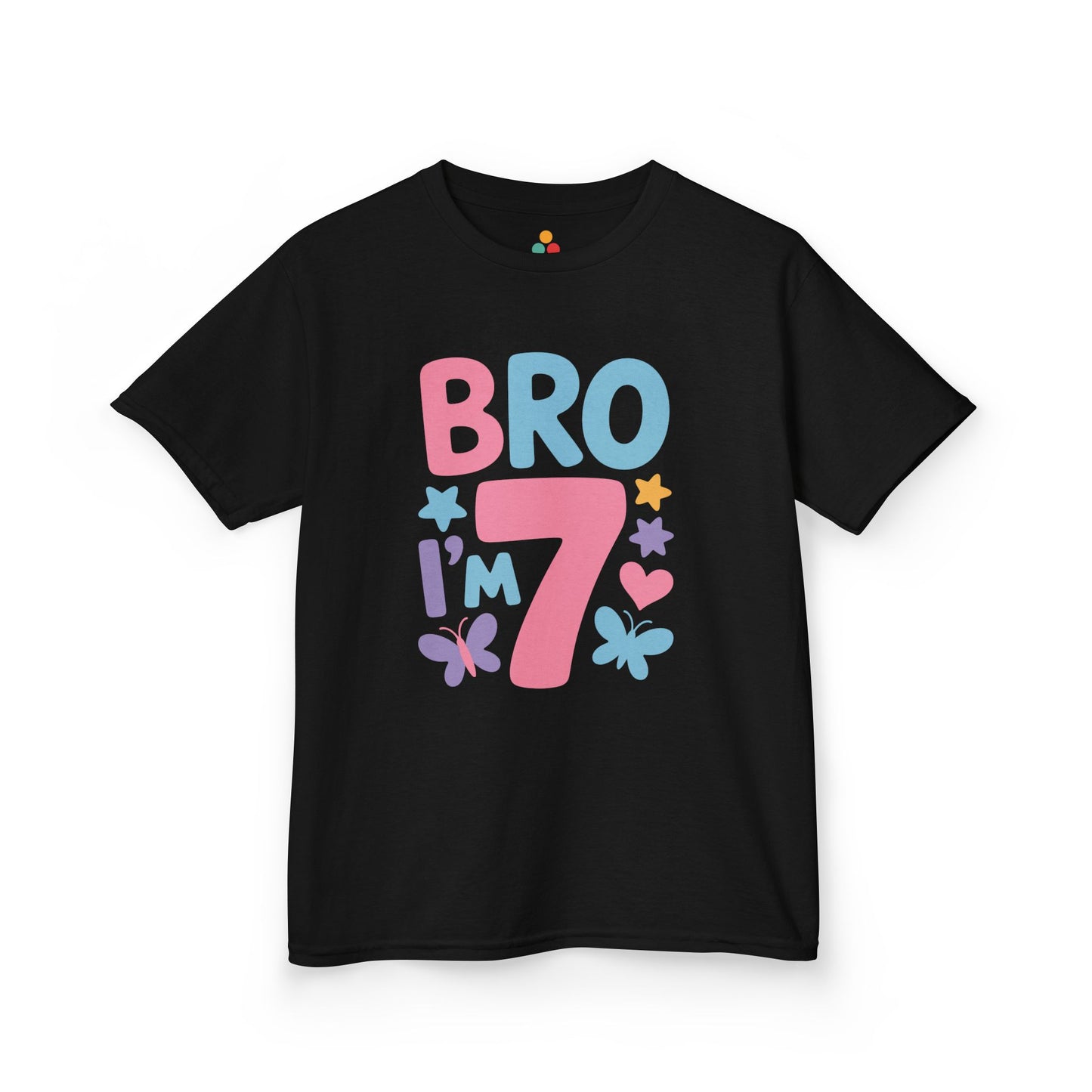 "Black Bro I'm 7 shirt by Teezoca, bright colorful letters with hearts and stars, flat front display."

