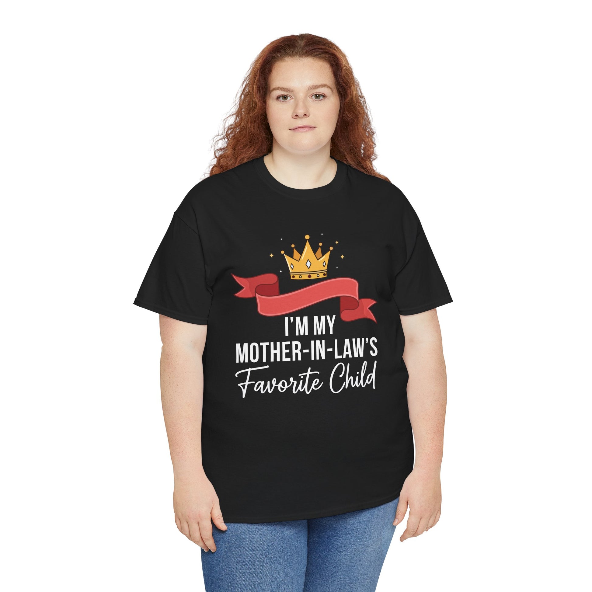 Woman wearing a TEEZOCA “I’m My Mother‑in‑Law’s Favorite Child” royal in‑law tee.