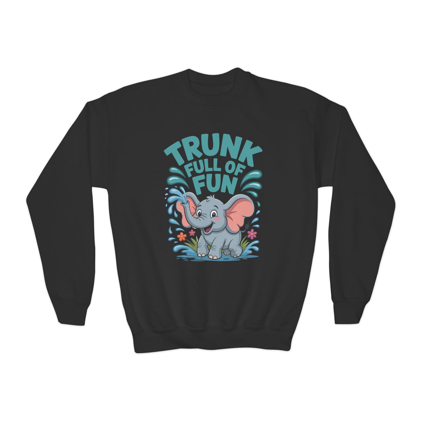 Youth Crewneck Sweatshirt — "Trunk Full of Fun" Playful Elephant Kids Pullover TEEZOCA
