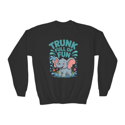 Youth Crewneck Sweatshirt — "Trunk Full of Fun" Playful Elephant Kids Pullover TEEZOCA