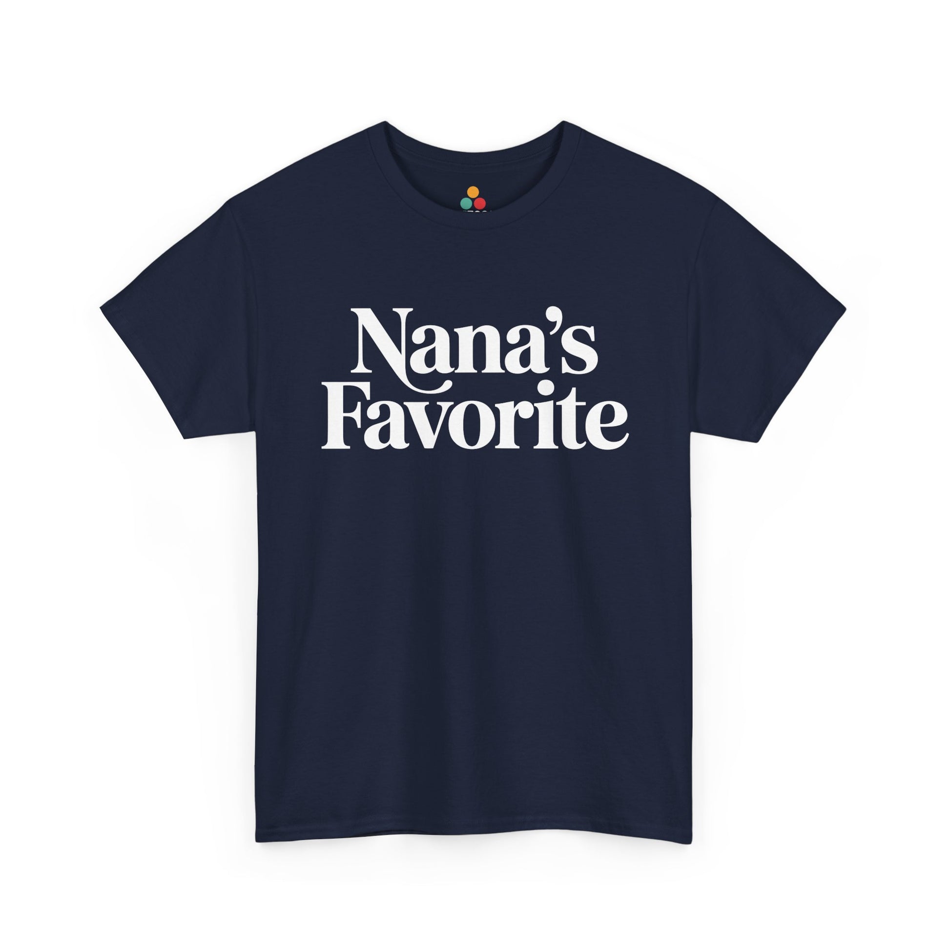 Navy t‑shirt with large white “Nana’s Favorite” text, flat view.