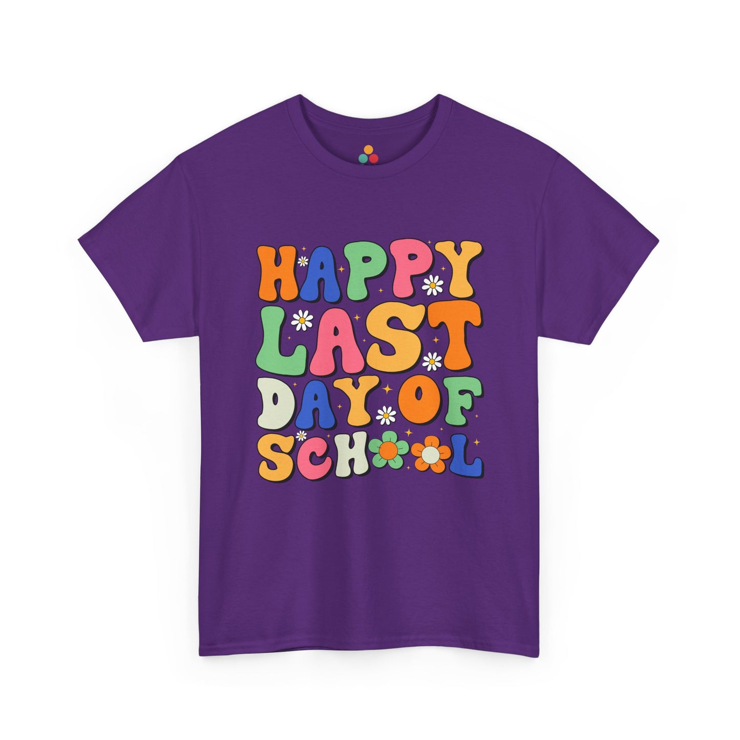 Purple t-shirt with colorful 'Happy Last Day of School' text on a white background