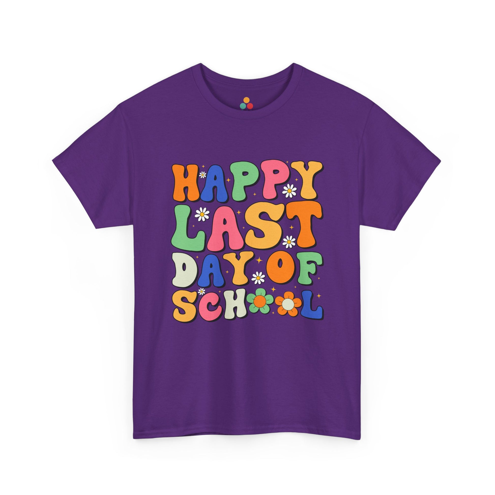 Purple t-shirt with colorful 'Happy Last Day of School' text on a white background