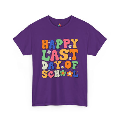 Purple t-shirt with colorful 'Happy Last Day of School' text on a white background