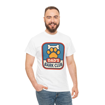 "Man wearing black 'Dad's Bark Club' dog paw and bone t‑shirt, front view."

