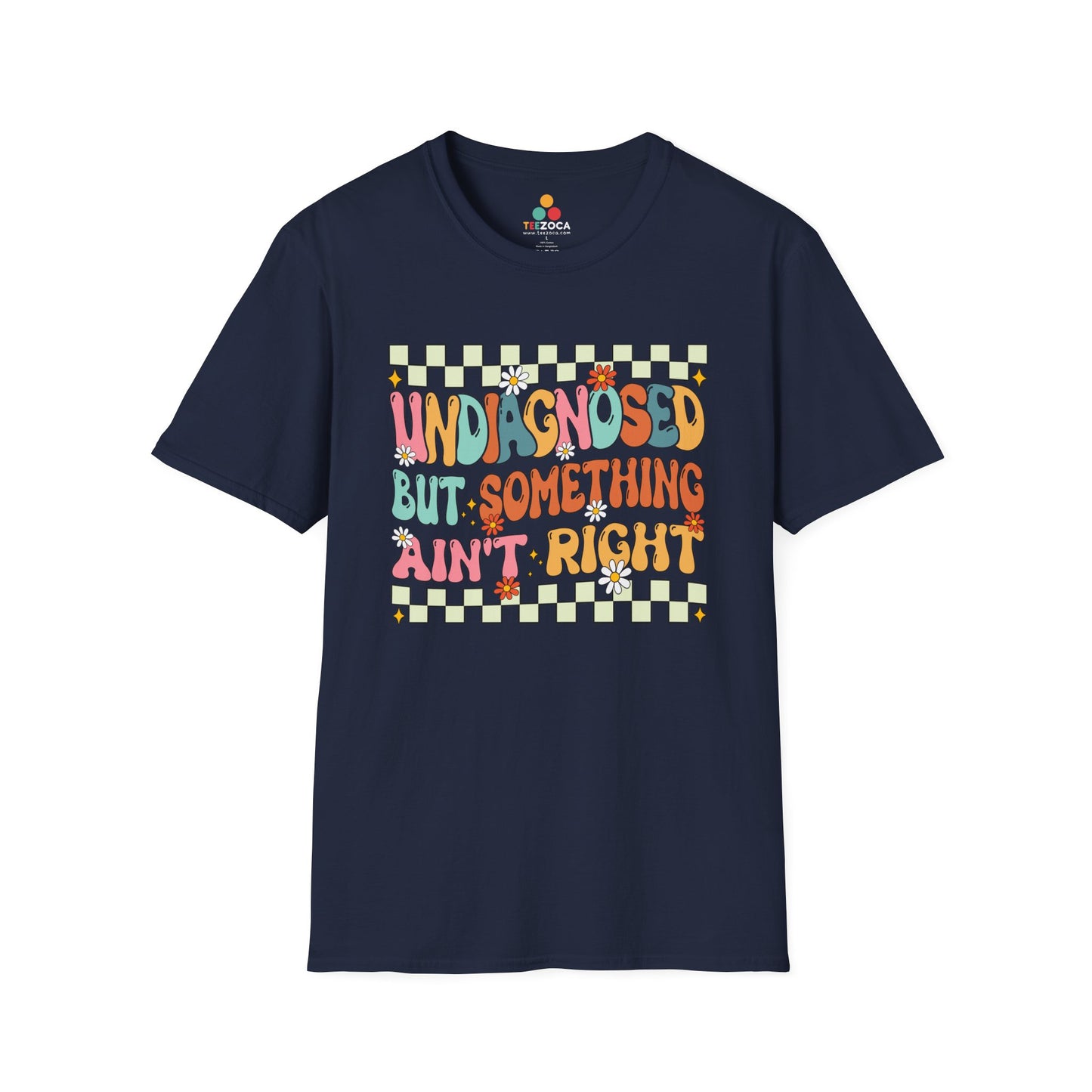Navy blue t-shirt with colorful text design on a white background