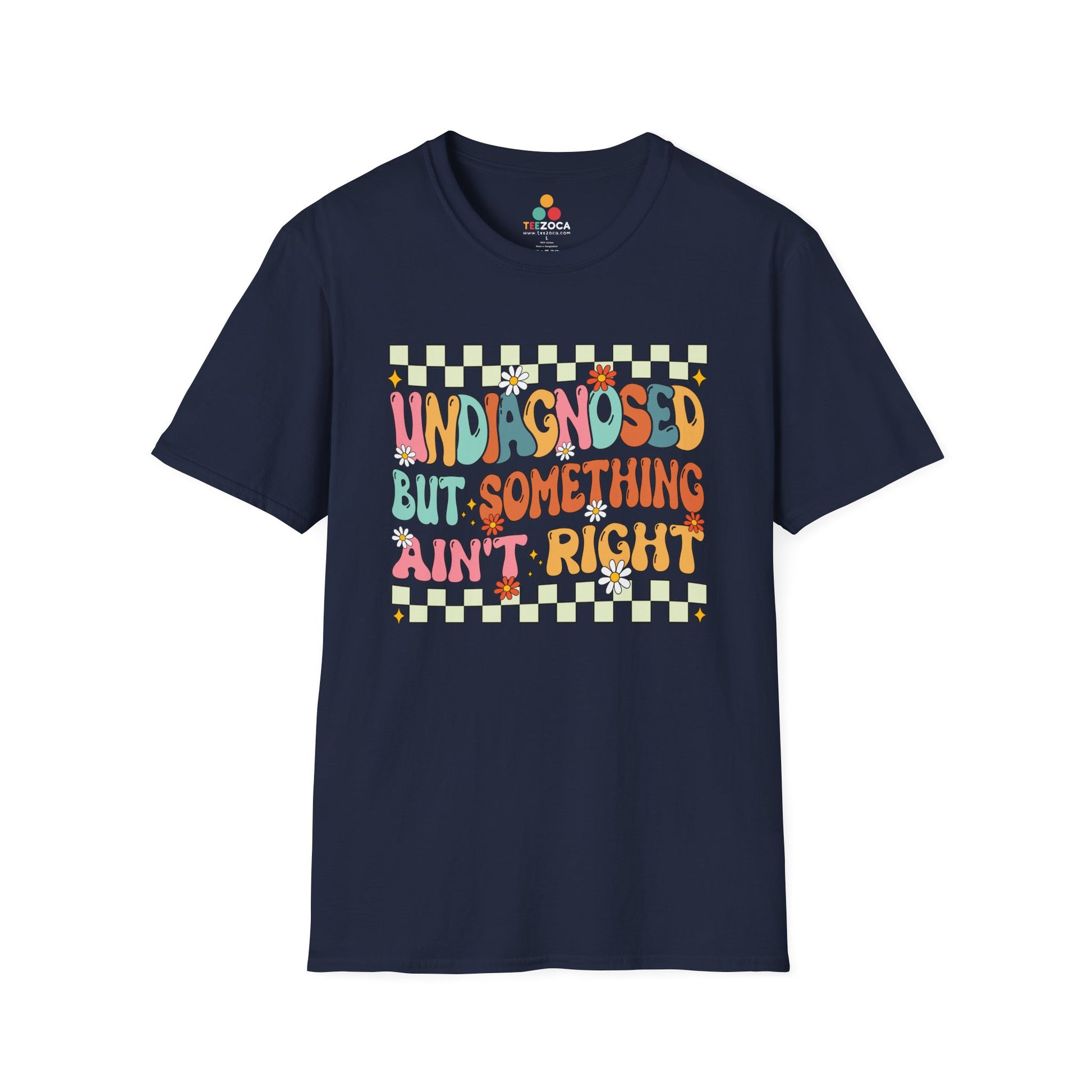 Navy blue t-shirt with colorful text design on a white background