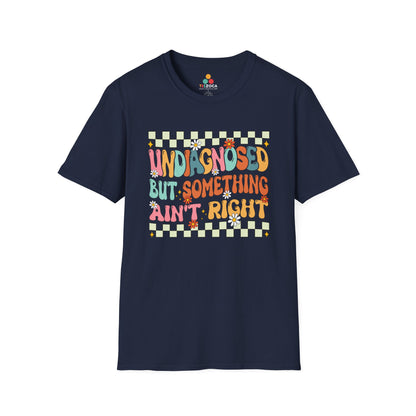 Navy blue t-shirt with colorful text design on a white background