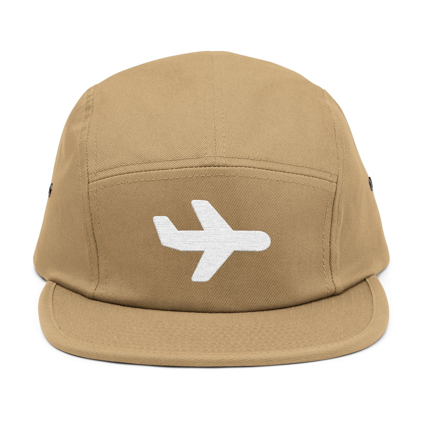 Tan cap with a white airplane emblem on a white background. Minimal white airplane icon embroidered on black 5-panel cap. TEEZOCA
