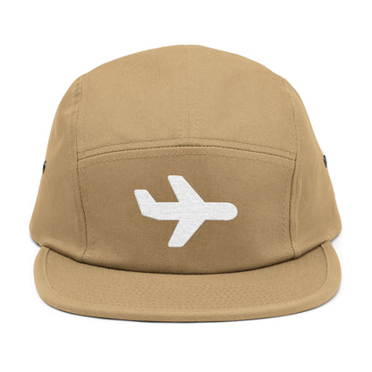 Tan cap with a white airplane emblem on a white background. Minimal white airplane icon embroidered on black 5-panel cap. TEEZOCA