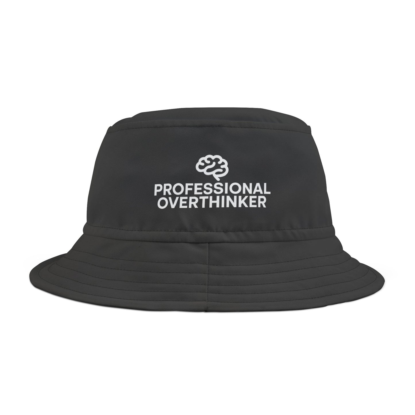 Funny lack bucket hat with 'Professional Overthinker' text and brain graphic on a white background. TEEZOCA