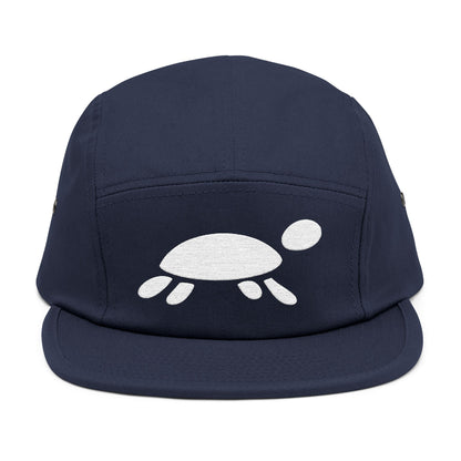 Navy blue cap with a white turtle design on a white background. Minimalist turtle outline embroidery design for 5-panel caps by TEEZOCA