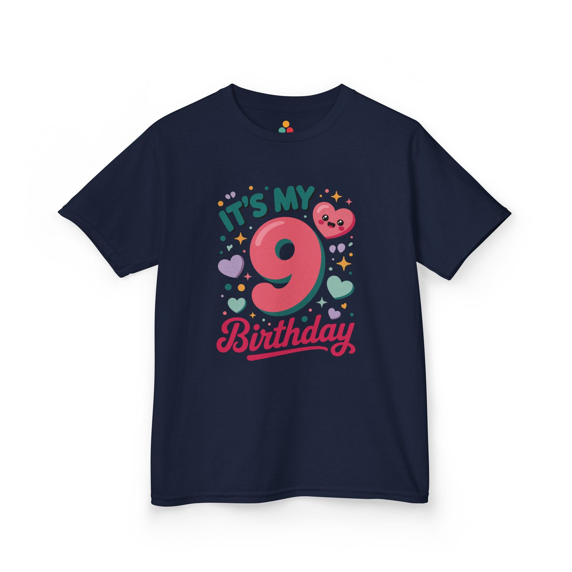 “Navy blue ‘It’s My 9th Birthday’ shirt with large pink 9 and pastel hearts, kids birthday tee, flat front.”
